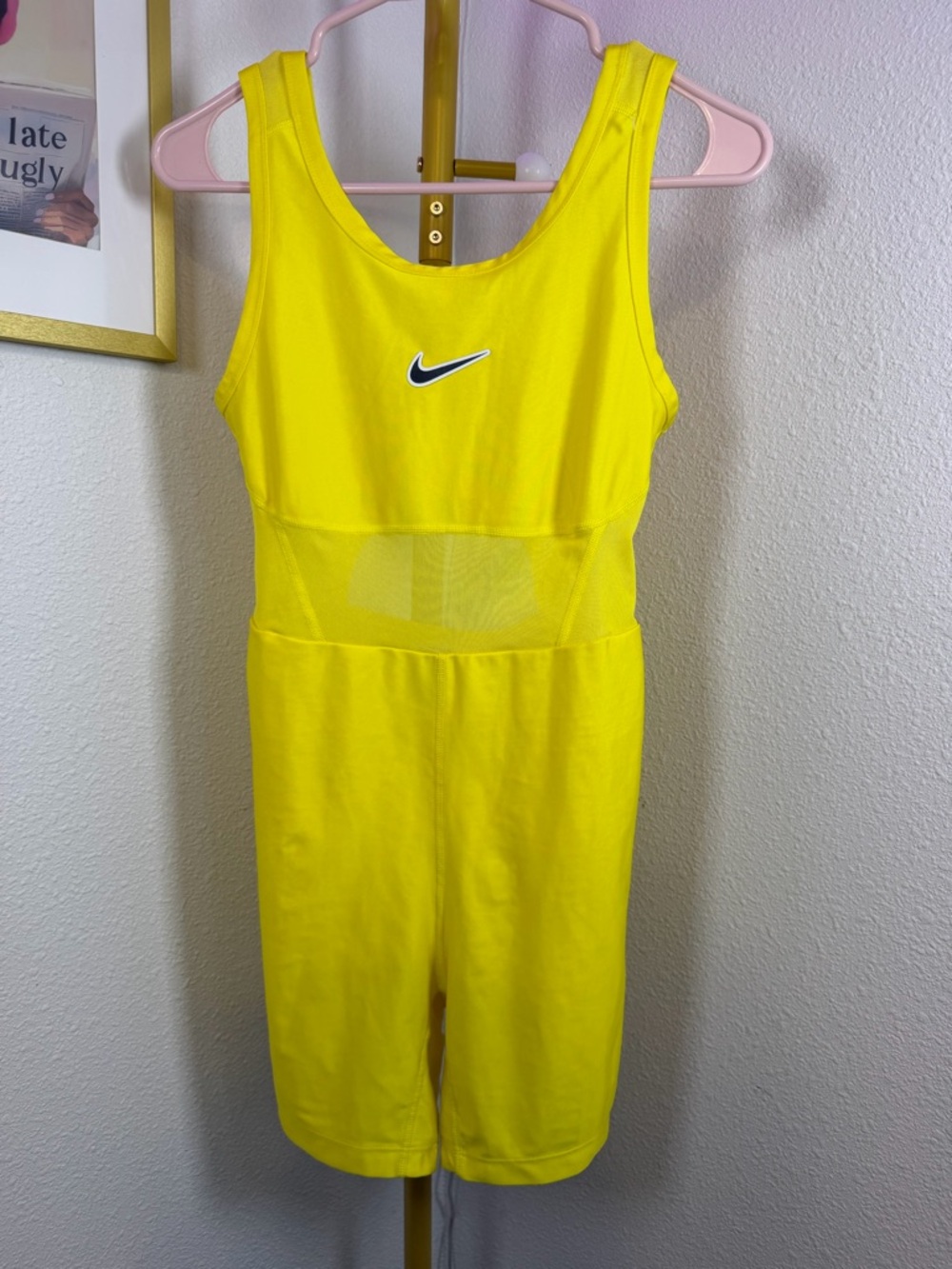 Nike Dri Fit Biker Short Bodysuit Romper Neon Yellow Athletic Gym Size Small EUC